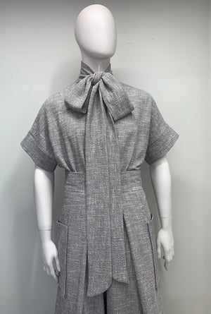NECK TIE KNOBBY KNIT SHORT SLEEVE POUCHED Top