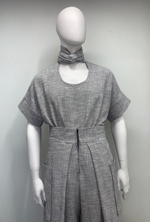 NECK TIE KNOBBY KNIT SHORT SLEEVE POUCHED Top