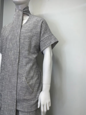 NECK TIE KNOBBY KNIT SHORT SLEEVE POUCHED Top