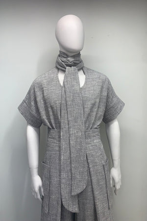 NECK TIE KNOBBY KNIT SHORT SLEEVE POUCHED Top